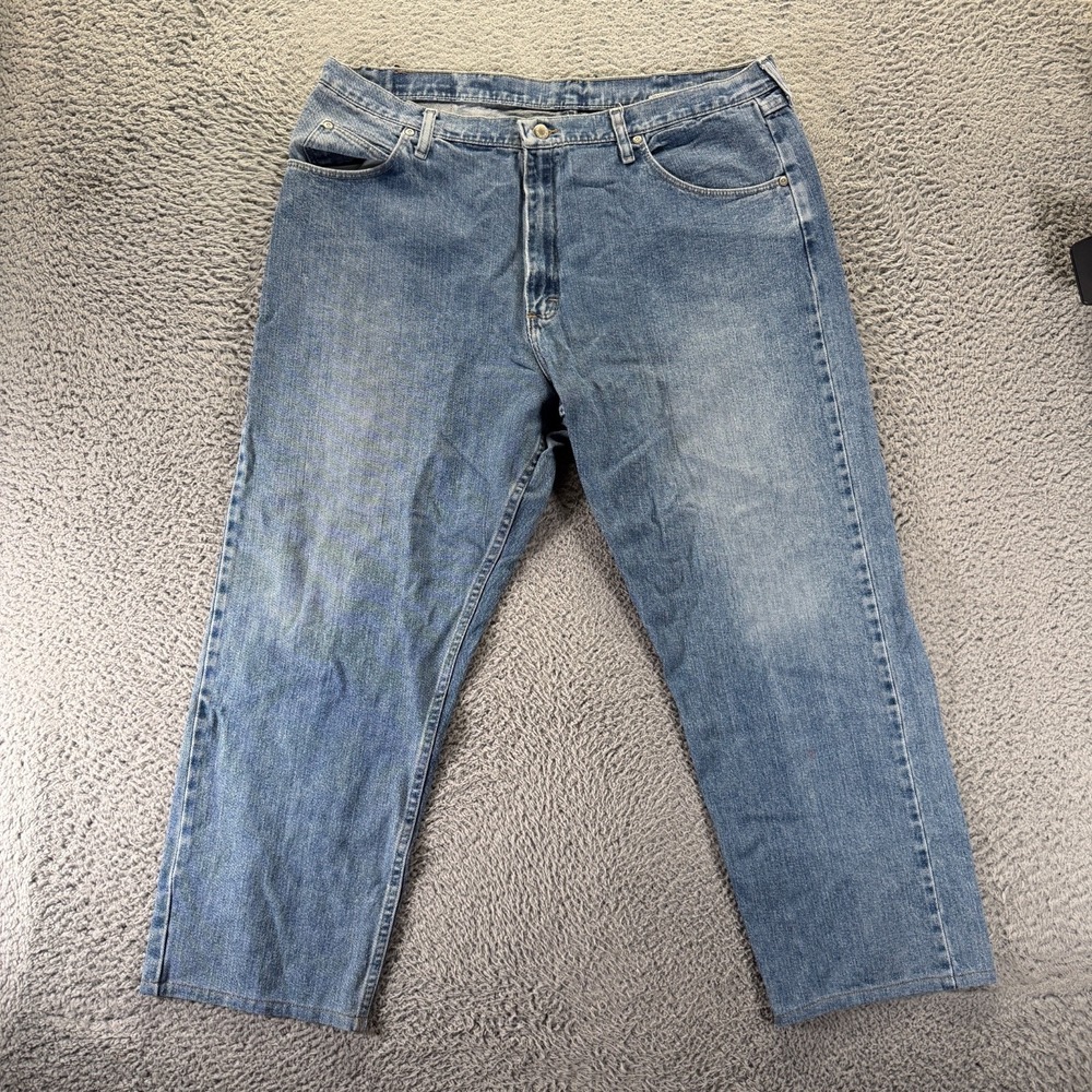 Wrangler Jeans Mens 40x28 Blue Cotton Denim Straight Relaxed Fit Faded Travel